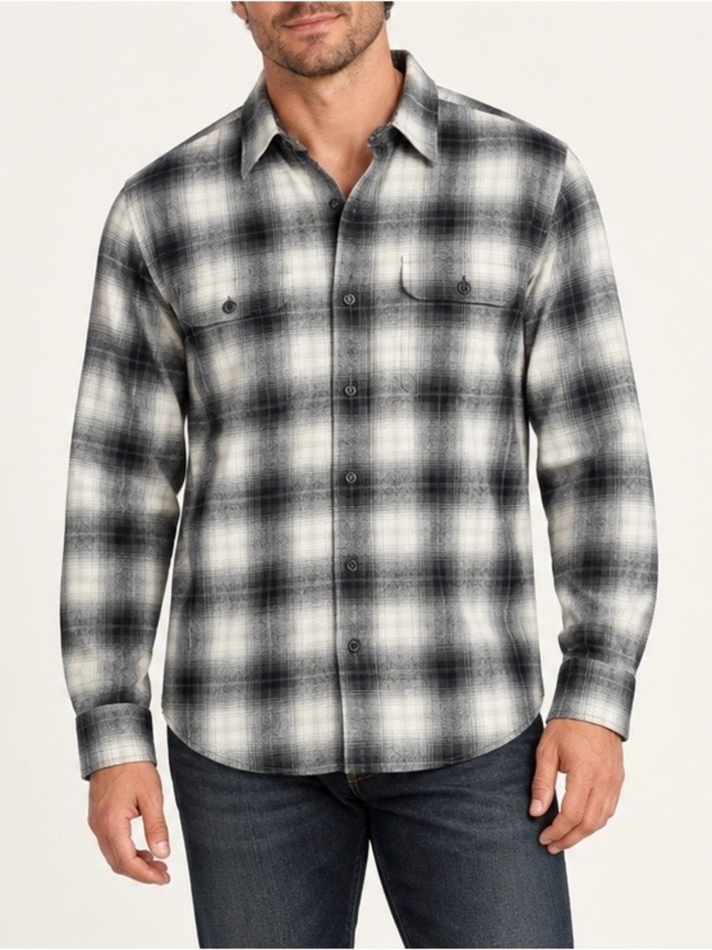 Lucky Brand Men’s M Black Gray Plaid Cotton Flannel Shirt Classic Fit